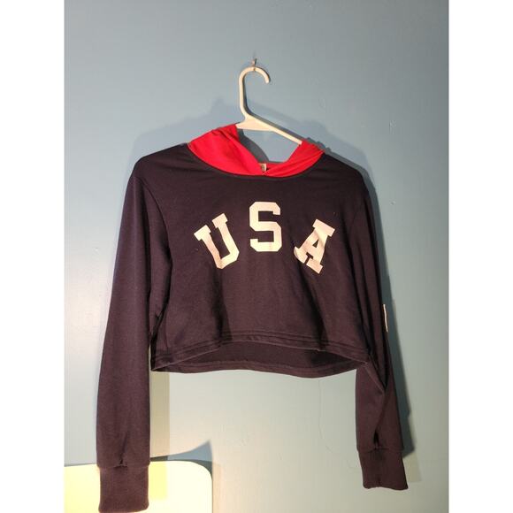Perfashion USA Womens Crop Top Pullover Hoodie American Flag Patch Size M - Picture 1 of 6